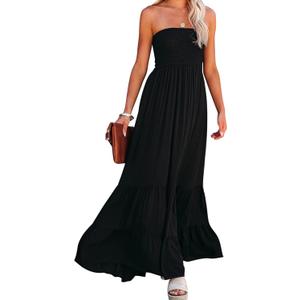 R.Vivimos Womens Summer Cotton Strapless Elastic Smocked Boho Beach Casual Flowy Maxi Tube Dresses (Black#2, Large)