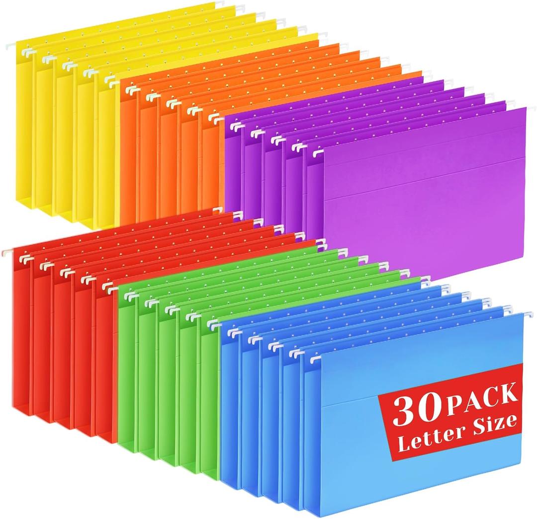 30 Pack Hanging File Folders Letter Size, Colored Hanging Folders with 1/5-Cut Adjustable Tab, Extra Capacity Hanging File Folders, 1 Inch Expansion, Perfect Office, Home, Classroom Supplies