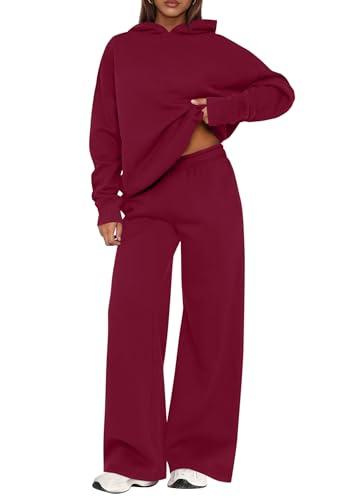 PRETTYGARDEN Women's Sweatsuits 2 Piece Set 2025 Casual Winter Long Sleeve Hoodie Loose Wide Leg Sweatpants Fall Tracksuit (Wine Red, XXL)