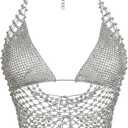SweatyRocks Women's Rhinestone Fishnet Crop Halter Top Club Party Tops Sexy See Through Tops, Deep V Cowl Neck, Sleeveless, Tie Backless, Cropped, 2 In 1 Streetwear, M