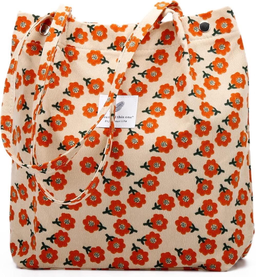 Corduroy Tote Bag Cute Tote Bags for Women Shoulder Bag with Inner Pocket for Work Beach Travel and Shopping Grocery, Flower 