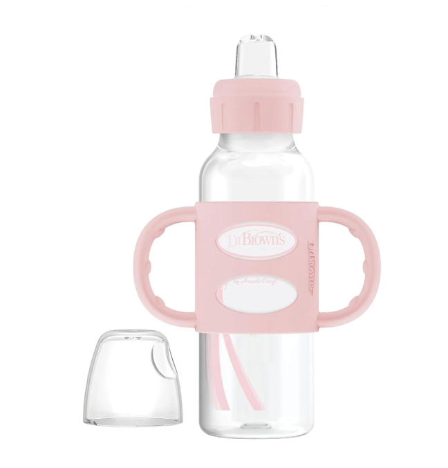 Dr. Brown's Milestones Narrow Sippy Spout Bottle with 100% Silicone Handles, Easy-Grip Handles with Soft Sippy Spout, 8oz/250mL, Light-Pink, 1-Pack, 6m+