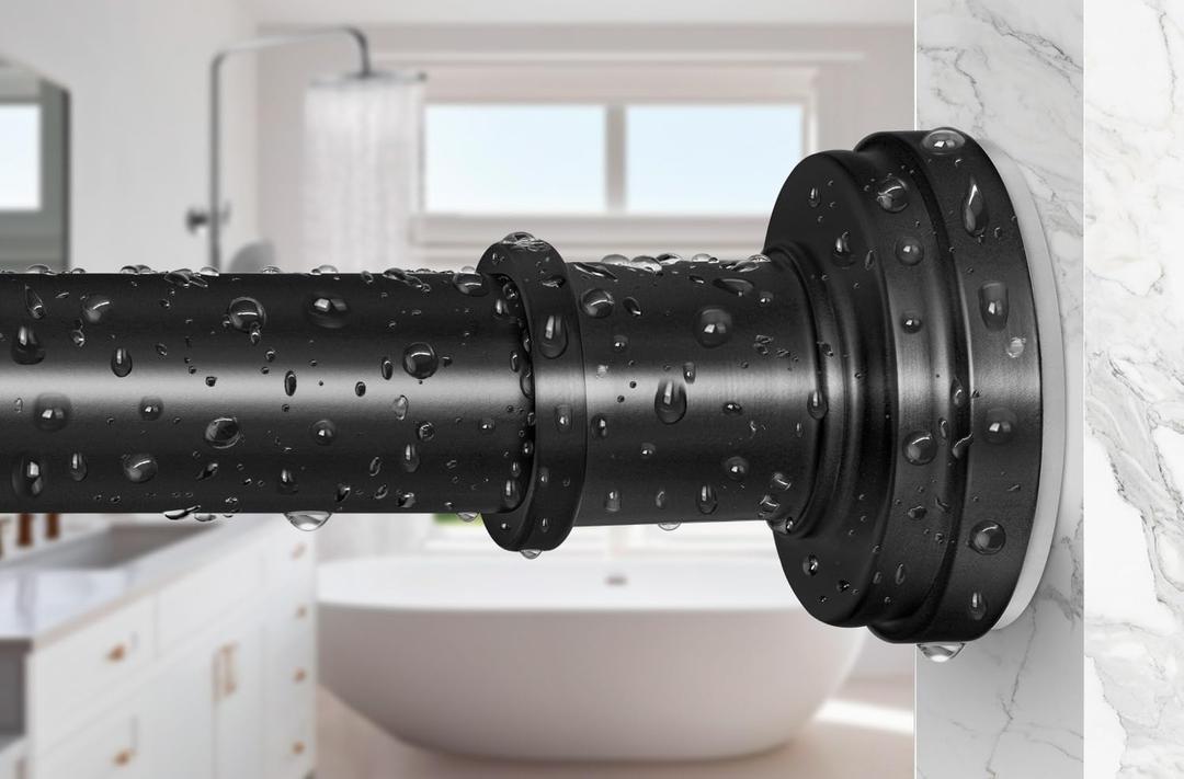 Black Shower Curtain Rod 36-84 Inch(3-7ft) Never Rust No Drilling Spring Tension Shower Rod, Adjustable Curtain Rod for Bathroom Window Living Room (Matte Black)