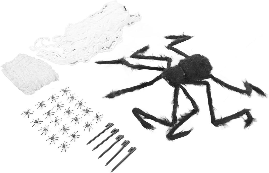 5M White Spider Web Cobweb and Spider Terror Decoration with 125CM Black Spider for Halloween Party Carnival Christmas Dress Up