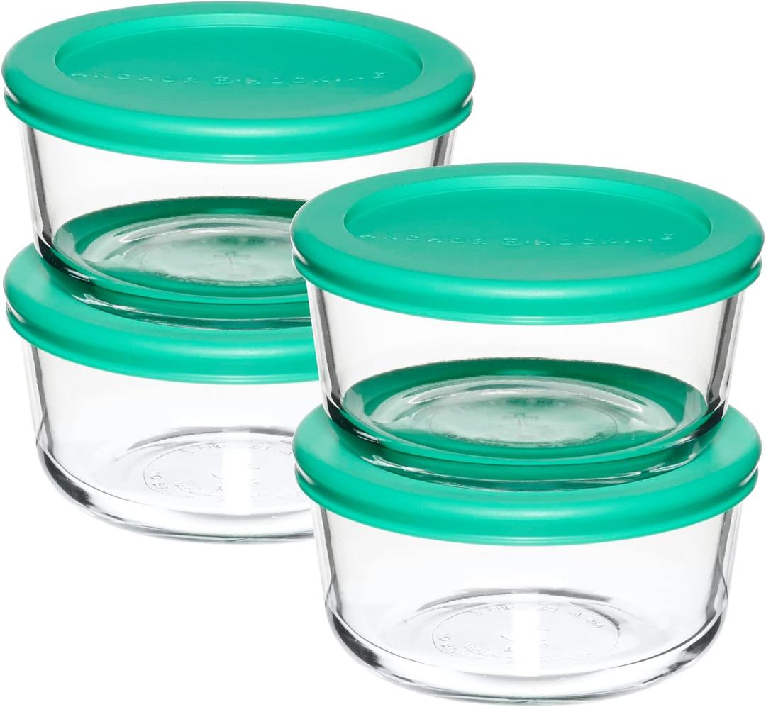 Anchor Hocking 2 Cup Glass Storage Containers with Lids, Set of 4 Glass Food Storage Containers with Mint SnugFit Lids (Mixed Blue)