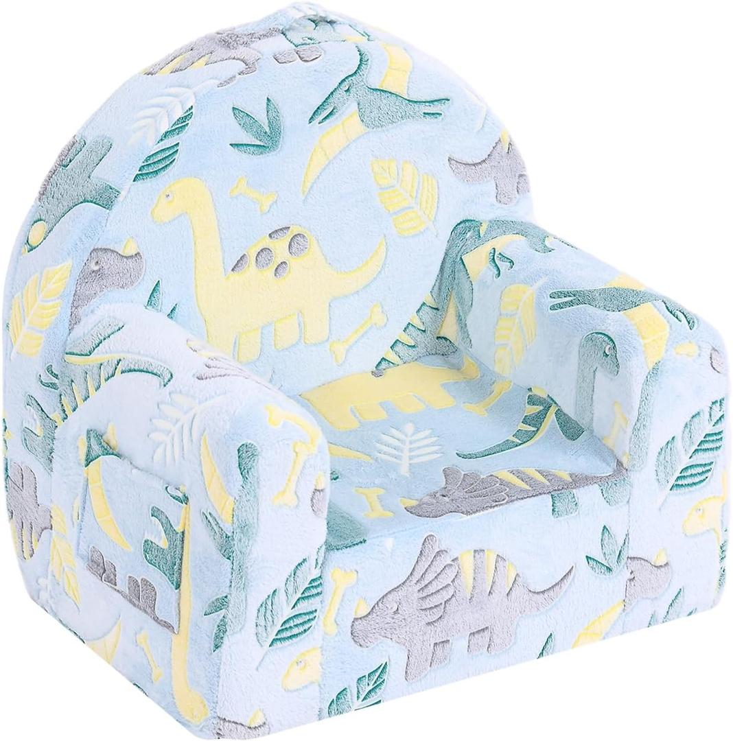 Welnow Kids Sofa Toddler Chair, High Back Children Couch with Side Pockets Glow in The Dark Kids Armchair with Removable and Washable Cover Carrying Handle Kids Read Sofa for Girl or Boy (Green Dinosaur)