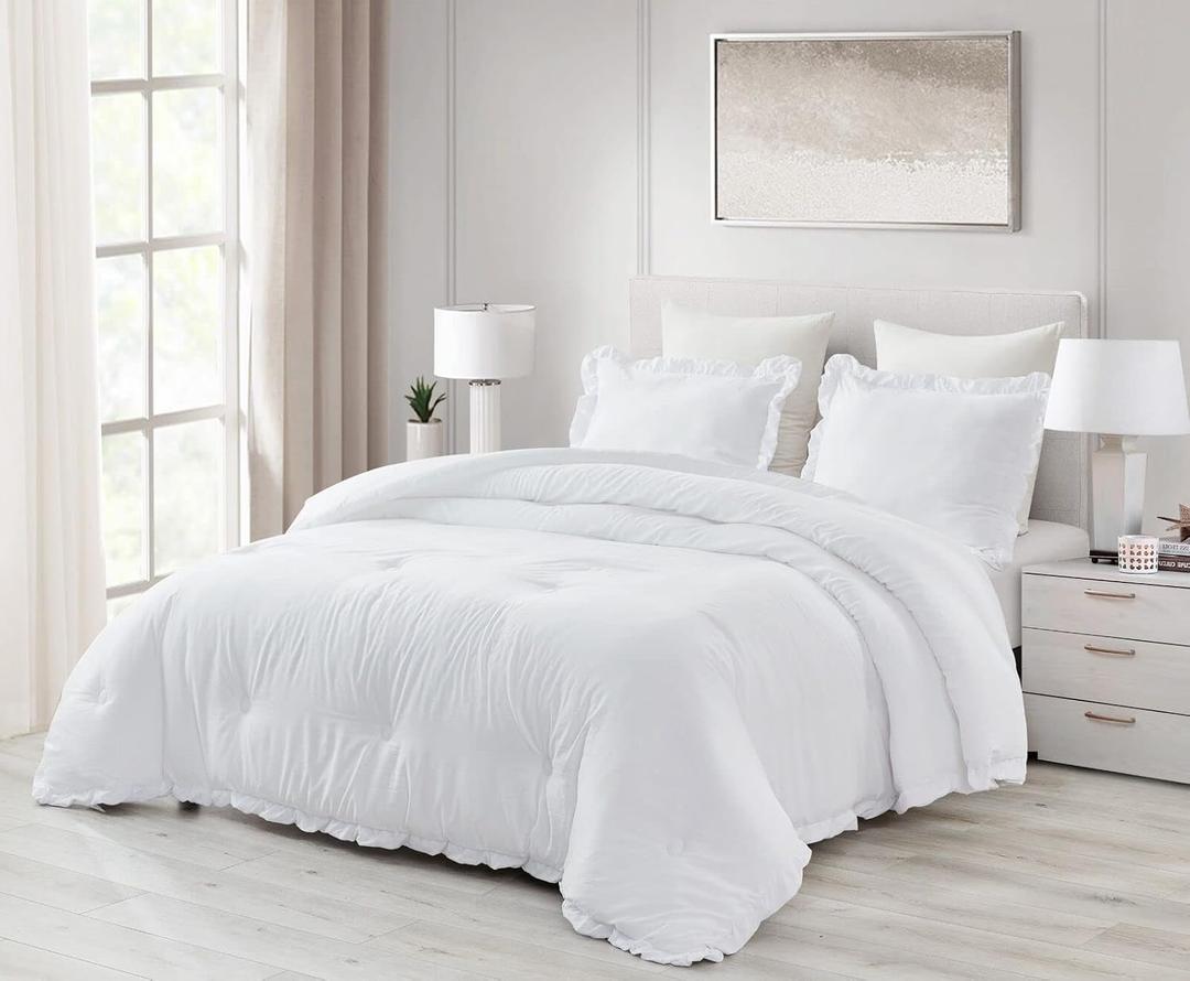 Chezmoi Collection Nora White Comforter Set Full Size 3-Piece Fluffy Soft Stone-Washed Ruffled Shabby Chic Bedding for All Season