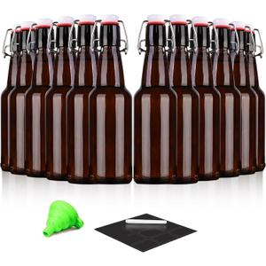 Amber Beer Bottles with Flip Caps, 12oz Glass Bottle with Swinging Top for Airtight Lids, Home Brewing and Fermentation Kombucha, Vanilla Extract, Beverage, Water, Kefir (12 Pack)