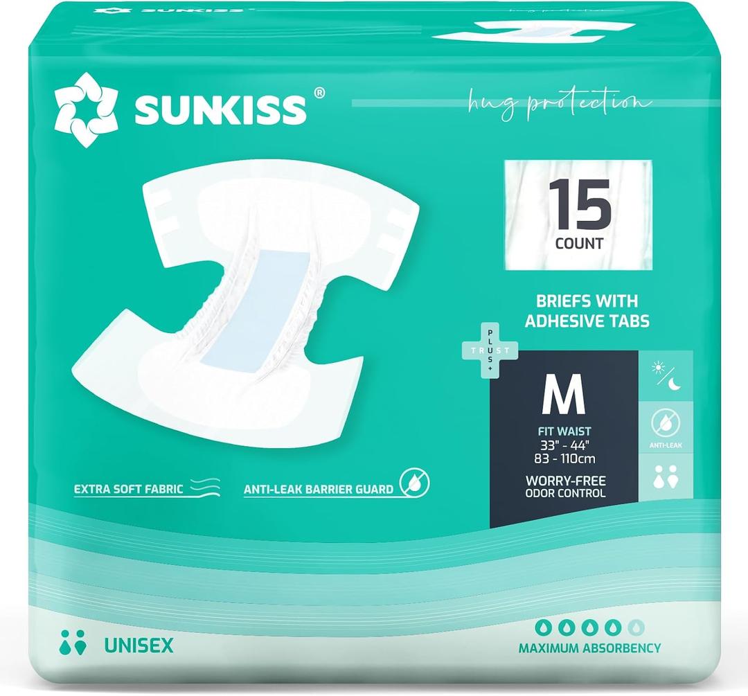 SUNKISS TrustPlus Adult Diapers with Maximum Absorbency, Unisex Disposable Incontinence Briefs with Tabs for Men and Women, Odor Control, Medium, Previously M, 15 Count