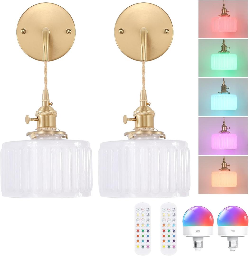 Shenmoyl Battery Operated Wall Sconce with White Striped Shade Pattern Glass Adjustable Chain Retro Wall Mounted Light, Modern Wall Lamp Fixtures Decor for Bedside Bedroom Indoor Doorway，Set of 2