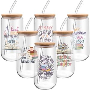6 Pcs Book Lover Gifts 16 oz Glass Cups with Lid Straw Iced Coffee Glass Tumbler Library Reading Drinking Cups Reader Gift Book Club Appreciation Gifts for Teacher Employee Volunteer Librarian Nurse