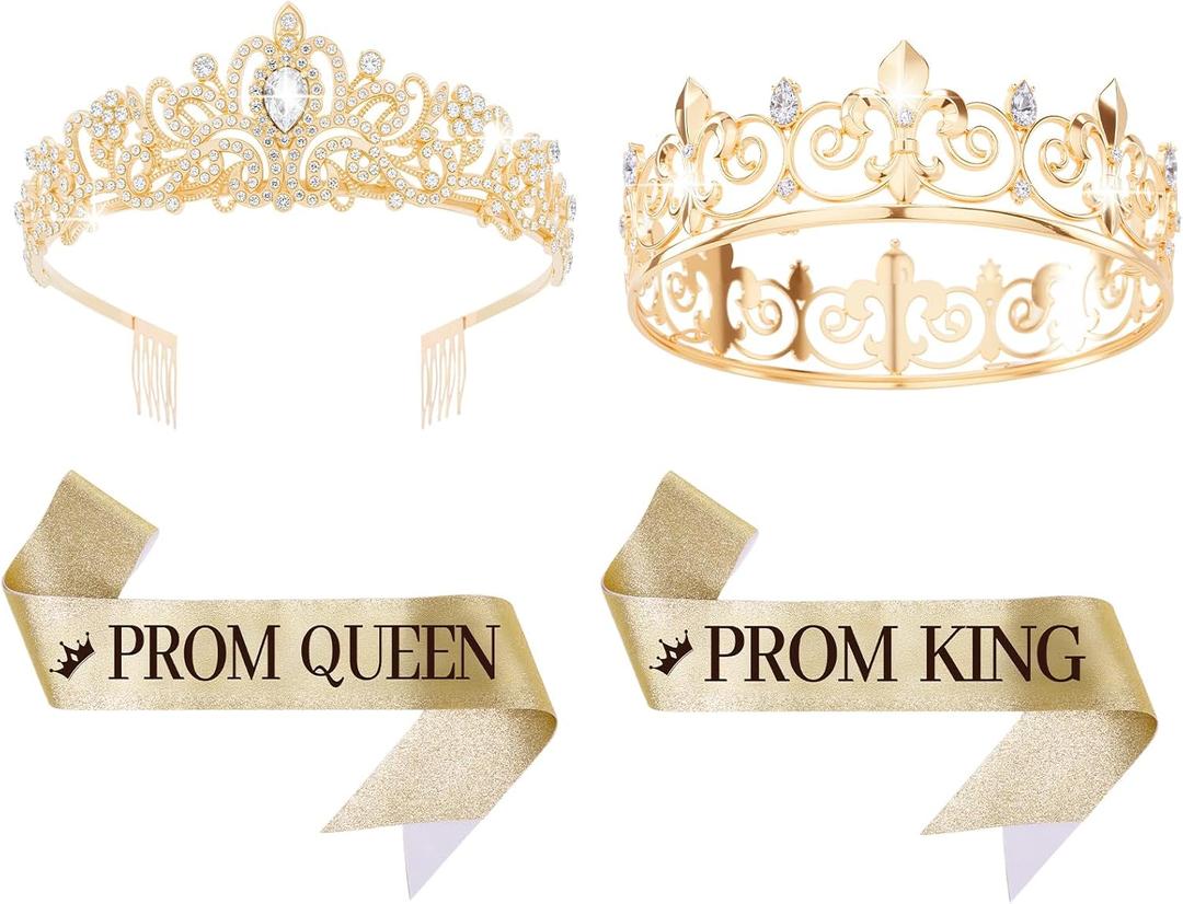 Prom King and Queen Crown Set with Sashes, Prom King and Queen Sash and Tiara Set, Party Costume Accessories for Women Men Birthday Halloween Graduation Wedding