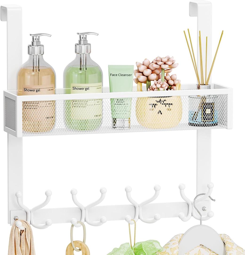 SWTYMIKI Over The Door Hook with 16 Hooks & Mesh Baskets - Heavy Duty Over The Door Organizer Hanger for Towels, Coats, Clothes - Space Saving Hanging Rack for Bathroom, Living Room, White