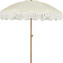 AMMSUN 6.5ft Boho Outdoor Umbrella with Fringe, UPF 50+ Picnic Umbrella with Tassels, Premium Steel Pole and Push Button Tilt, Light Beige