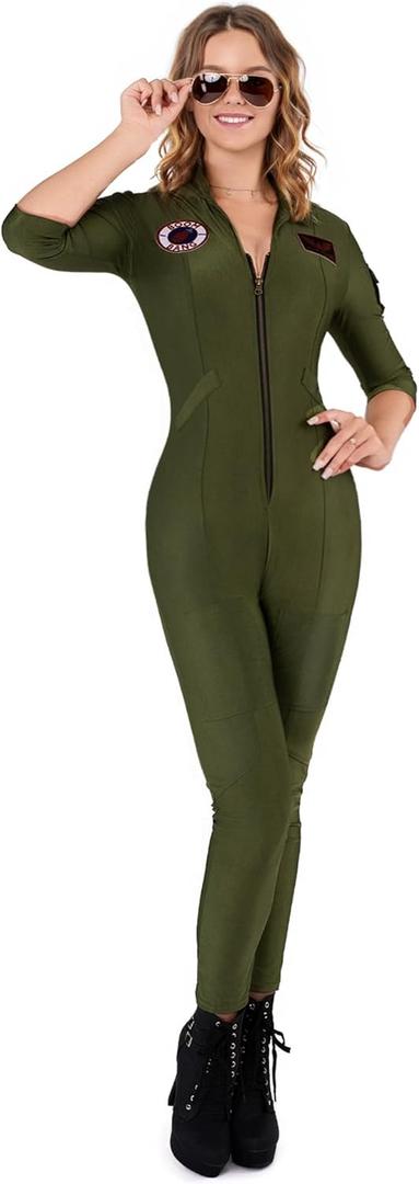 Spooktacular Creations Pilot Costume Adult Women, Flight Suit, Jumpsuit for Halloween Costume (Small)