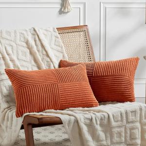 Fancy Homi Set of 2 Burnt Orange Lumbar Decorative Throw Pillow Covers 12x20 Inch for Living Room Couch Bed, Boho Farmhouse Fall Home Decor, Soft Corduroy Corss Patchwork Cushion Case