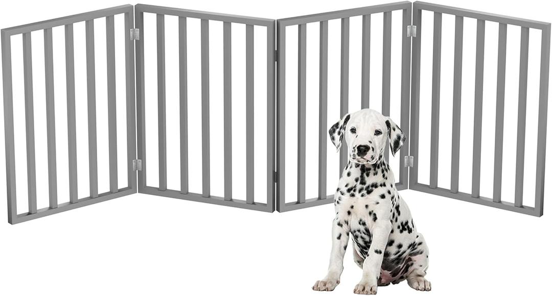 Pet Gate - 4-Panel Indoor Foldable Dog Fence for Stairs, Hallways, or Doorways - 72x24-Inch Retractable Wood Freestanding Dog Gates by PETMAKER (Gray) (4 Panel, Gray)