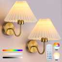 Battery Operated Wall Sconces Set of 2, Gold Wireless Rechargeable Wall Sconces with Remote Control & Magnetic Bulbs, Dimmable 15 Colors Pleated Shade Wall Lights for Bedroom, Living Room Decor Gift