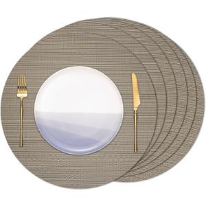 Round Placemats Set of 6 Heat Resistant Vinyl Placemats 15 inch Washable Non-Slip Table Mats Woven Place Mats for Dining Table (Golden Silver, Set of 6)