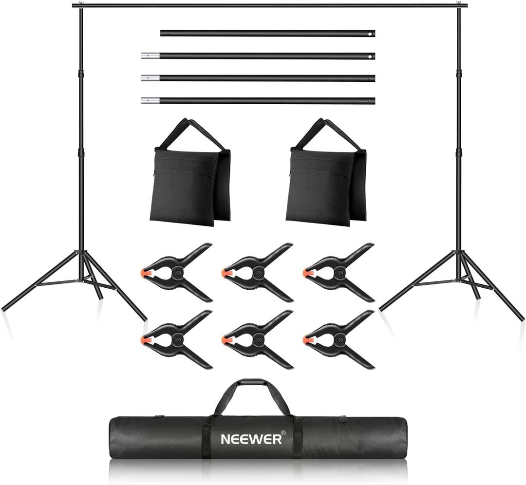  Photo Studio Backdrop Support System, 10ft/ 3m Wide 6.6ft/ 2m High Adjustable Background Stand with 4 Crossbars, 6 Backdrop Clamps, 2 Sandbags, and Carrying Bag for Portrait & Studio Photography