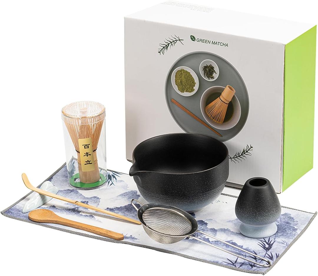 Matcha Set 8-Piece Japanese Tea Ceremony Kit with Ceramic Bowl, Bamboo Whisk & Holder, 2 Scoops, Strainer, Tea Cloth - Complete Gift Set for Traditional Brewing(Gradient Black)