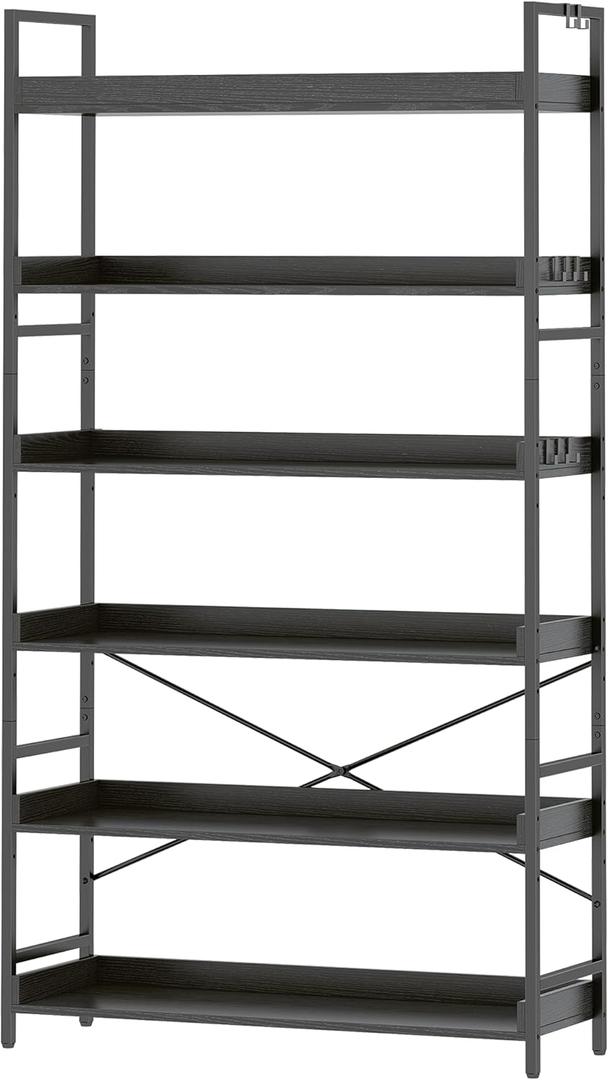 HCHQHS Bookshelf, Adjustable Industrial Bookcase, Vertical Tall Book Shelf, Wood and Black Metal Open Bookshelves for Home Office, Living Room, Bedroom (Black, 6-Tier (31" W x 70" H))