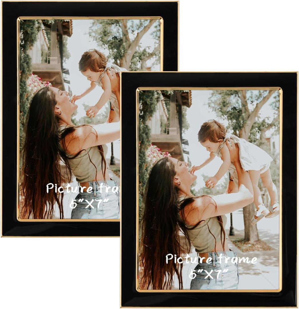 5x7 Black Enamel Picture Frames - Metal Gold Edge - Cute Frame for 5 x 7 Inch Photos Pictures Artwork - Real Glass - With Tabletop Easel Stand - Hanger for Wall Mount Display (2 Pack)