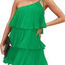 DEEP SELF Women's Summer One Shoulder Ruffle Mini Dress Casual Tiered Chiffon Pleated Flowy Short Dresses (Light Green, Medium)