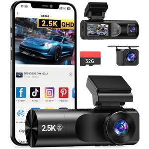 Dash Cam Front and Rear, 2.5K+1080P+1080P 3 Channel Dash Cam with 32GB Card, Wi-Fi Dash Camera for Cars, G-Sensor, Night Vision, 24H Parking, Loop Recording Dashcam, 1.97IPS, Support 256GB (Black)