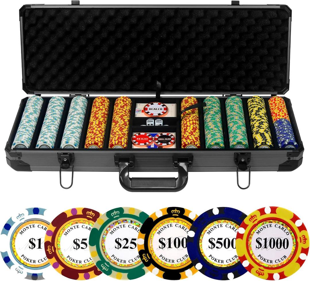 14g Clay Poker Chips Set, 500 Poker Chips, 39mm, with High-end Aluminum Carrying Case/2 Decks of Plastic Playing Cards/Dealer Button, for Poker Games, Blackjack, Texas Hold'em (500pcs)