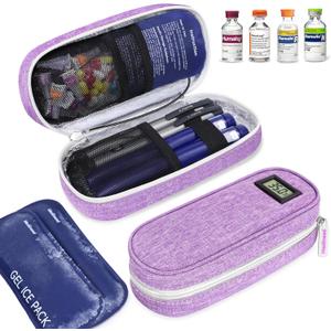 Insulin Cooler Travel Case TSA Approved with Temperature Display  Diabetic Medication Travel Case with 2  90g Ice Packs, Portable Medicine Organizer for 34 Insulin Pens and Diabetic Supplie(Purple)