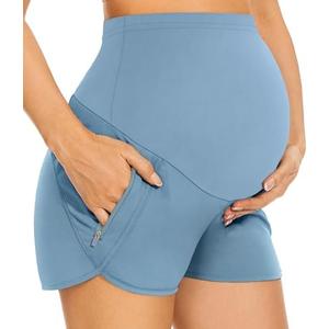 PACBREEZE Women's Maternity Shorts Over Belly Quick Dry Workout Athletic Running Shorts with Zipper Pockets M