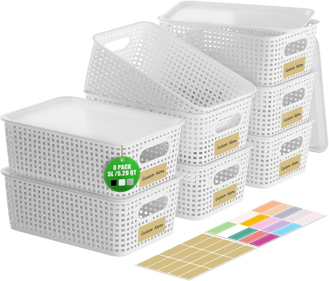 8 PCS Plastic Storage Baskets with Lids, Stackable Storage Bins with Lids & Labels for Organizing, Small Storage Bins for shelves, Office, Drawer, Cabinet & Pantry,Nursery Organization,10.2*7.2*4.1In
