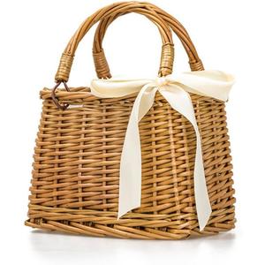 QTMY Bow Rattan Woven Bag Straw Bags Top Handle Wicker Baskets Handbags Boho Style Beach Bag Flower Basket
