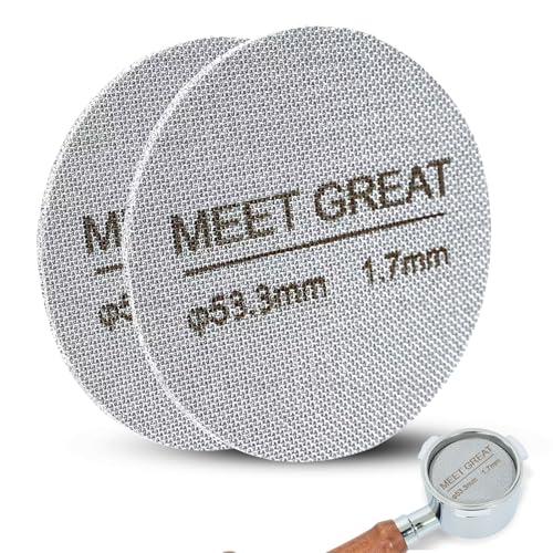Meet Great- 2 Packs 53.3mm Espresso Puck Screen, 1.7mm Thickness 150μm 316L Stainless Steel, Upgraded Reusable Coffee Filter Screen for 54mm Breville Portafilter Filter Basket