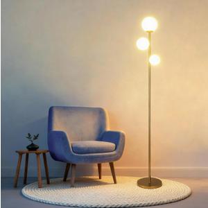 Fiqevs 3 Globe Mid Century Modern Floor Lamp for Living Room, Gold Floor Lamp with Frosted Glass Shade and LED Bulbs, Warm Light Standing Tall Pole Lamp for Bedrooms, Office - Antique Brass