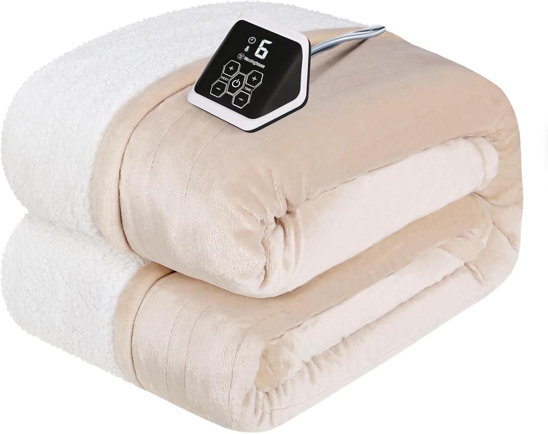 Westinghouse Heated Blanket Twin Size, Soft Flannel to Sherpa Electric Blanket with 10 Heating Levels, 1-12 Hours Auto Shut Off, Fast Heating, Machine Washable, 62x84 Inch, Beige