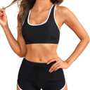 Tempt Me Women Two Piece Sports Bikini Athletic Swimsuits Racerback Crop Top with Boy Shorts Bathing Suits for Girls Vests (Large, Black 1)