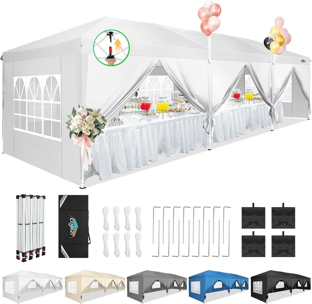 COBIZI 10x30 Pop Up Canopy Tent for Parties with 8 Sidewalls Waterproof Commercial Instant Canopy 10x30 Party Tent for Backyard, Wedding Portable Outdoor Gazebo with Carrybag&4 Sandbags(White