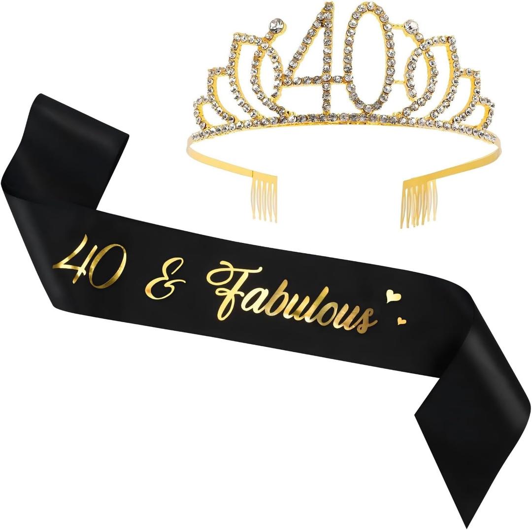 40th Birthday Sash and Crown for Women,40th Birthday Girl Decorations,40 & Fabulous Birthday Gifts Ideas, 40 Birthday Decorations Party Favors
