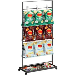 Chip Rack Display Stand Countertop Chip Bag Holder with Candy Storage Basket, 8-Row 40 Clips Chip Stand Display for Party, Retail Snack Display for Counter, Store Concession Stand, Black