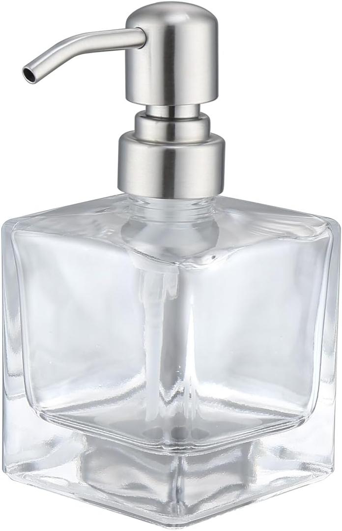 Square Bathroom Soap Dispenser Brushed Nickel, Glass Bottles with Stainless Steel Pump Cube Liquid Soap Dispenser Hand Kitchen (8.4oz-Square)