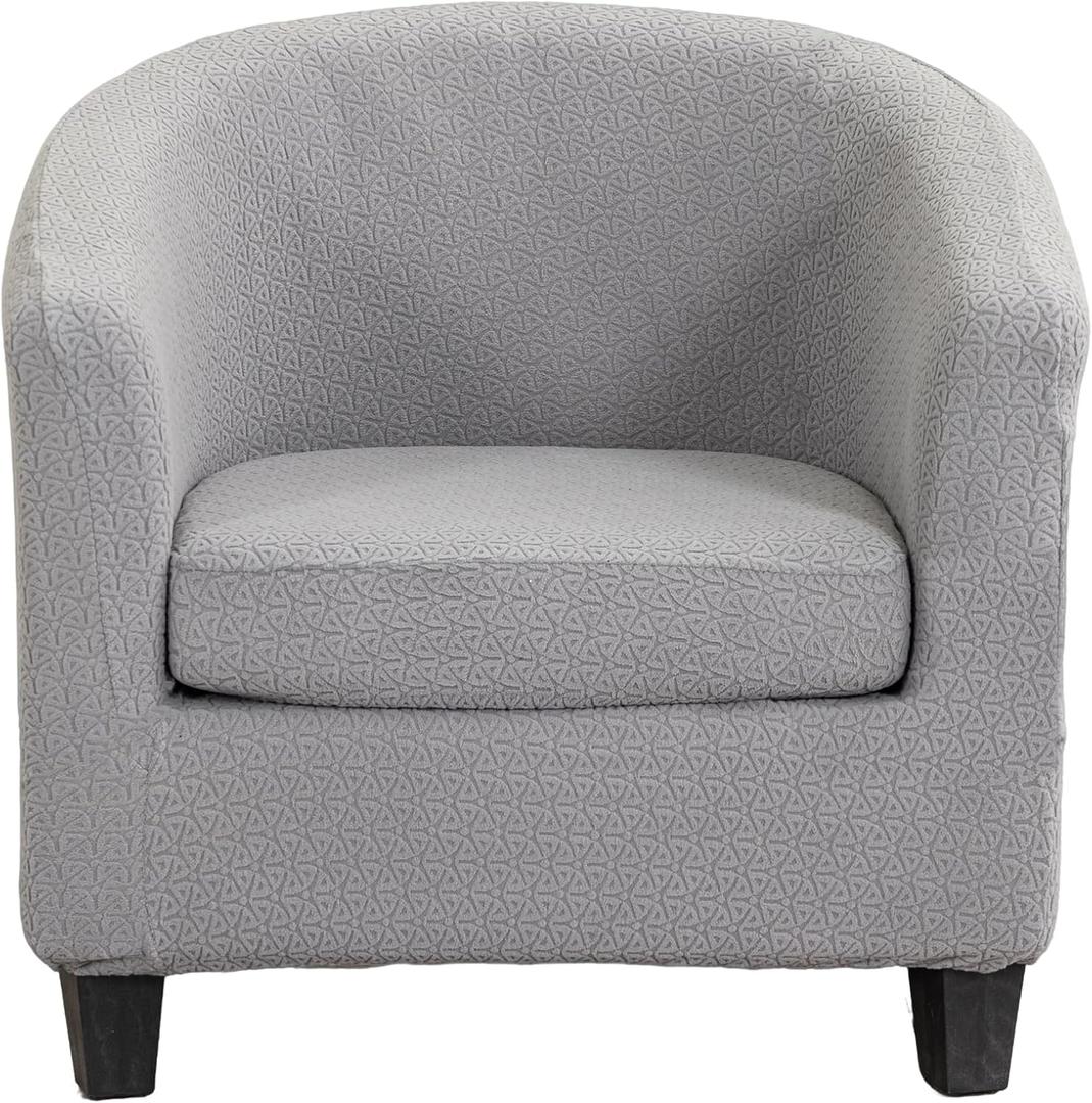 Club Chair Slipcover 2 Piece Jacquard Tub Chair Slipcover Soft Stretch Round Barrel Chair Covers Armchair Covers Furniture Protector for Living Room Hotel Counter Cafe, Light Grey