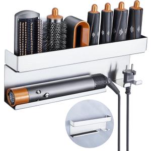 Storage Hair Dryer Holder for Curling Iron Wands Accessories, Hair Straightener Holder, Wall Mount Hair Tool Organizer for Styler Attachments, Curling Iron Holder Organizer for Bathroom, Silver