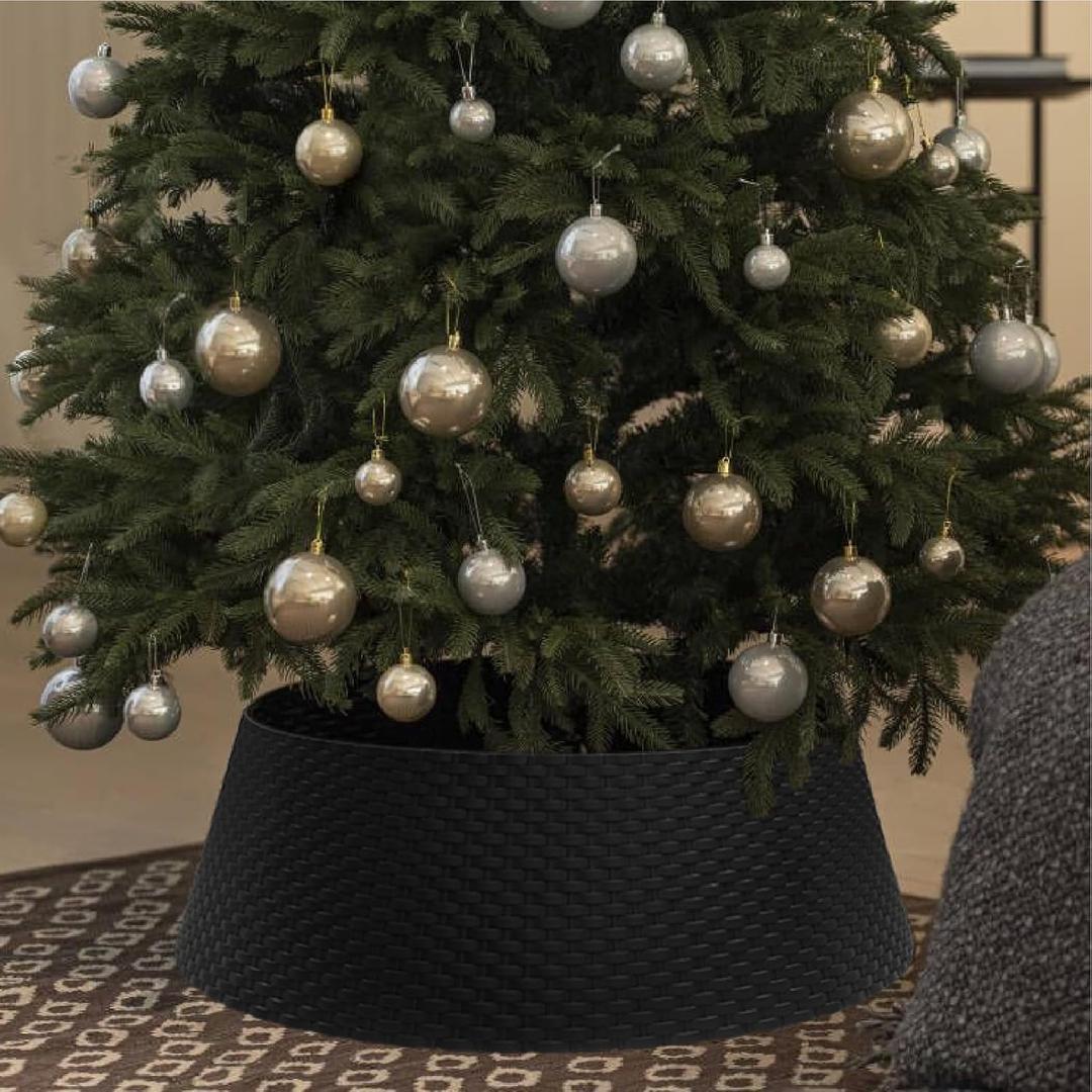 Tree Nest Christmas Tree Collar Round Christmas Tree Ring Skirt Base Cover Magnet Connection Easy Assembly Christmas Decorations for Xmas Tree Plastic Wicker 26.8" D(Large, Black)