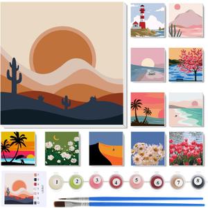 Nezyo 12 Sets Paint by Numbers Kit with Frame for Adult Beginners, Paint by Number DIY Acrylic Painting Canvas for Painting Party, Classroom Activity Birthday Gift, 8 x 8 Inch