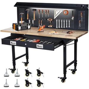 KOKEBREN 60'' Adjustable Workbench, Heavy Duty Workbench with Drawer and Backplate, 2000 LBS Capacity Work Table with Power Outlet and Lockable Wheels, Suitable for Office, Garage, Workshop