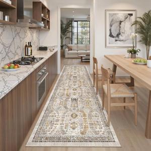 Madane Runner Rug 2'6''x8' Kitchen Runner, Hallway Runner Printed Vintage Washable Rugs Soft Non-Slip Low Pile Runners for Hallways Laundry Room Rug Distressed Rug, Brown/Gold