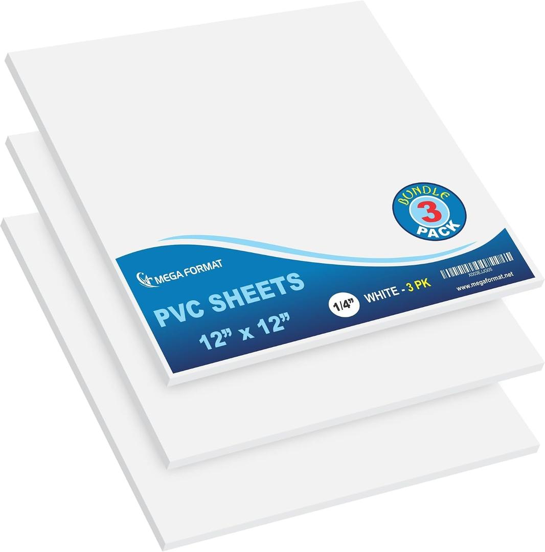 Mega Format Expanded PVC Plastic Sheets - 12" X 12" Rigid White Sheet for Crafts, Signage, & Displays - Sintra, Celtec PVC Board - Waterproof for Outdoors Use - 1/4" 6mm Thick - 3-Pk-White