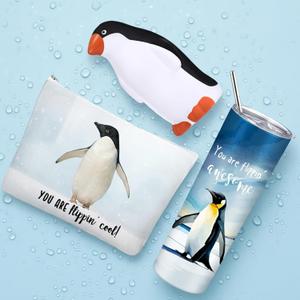 3 Pcs Penguin Lovers Gifts for Women, Penguin Themed 20oz Cup Tumbler Makeup Bag and Figurines Stress Ball Toy Set, Appreciation Gift Ideas for Christmas Winter for Employee Coworker